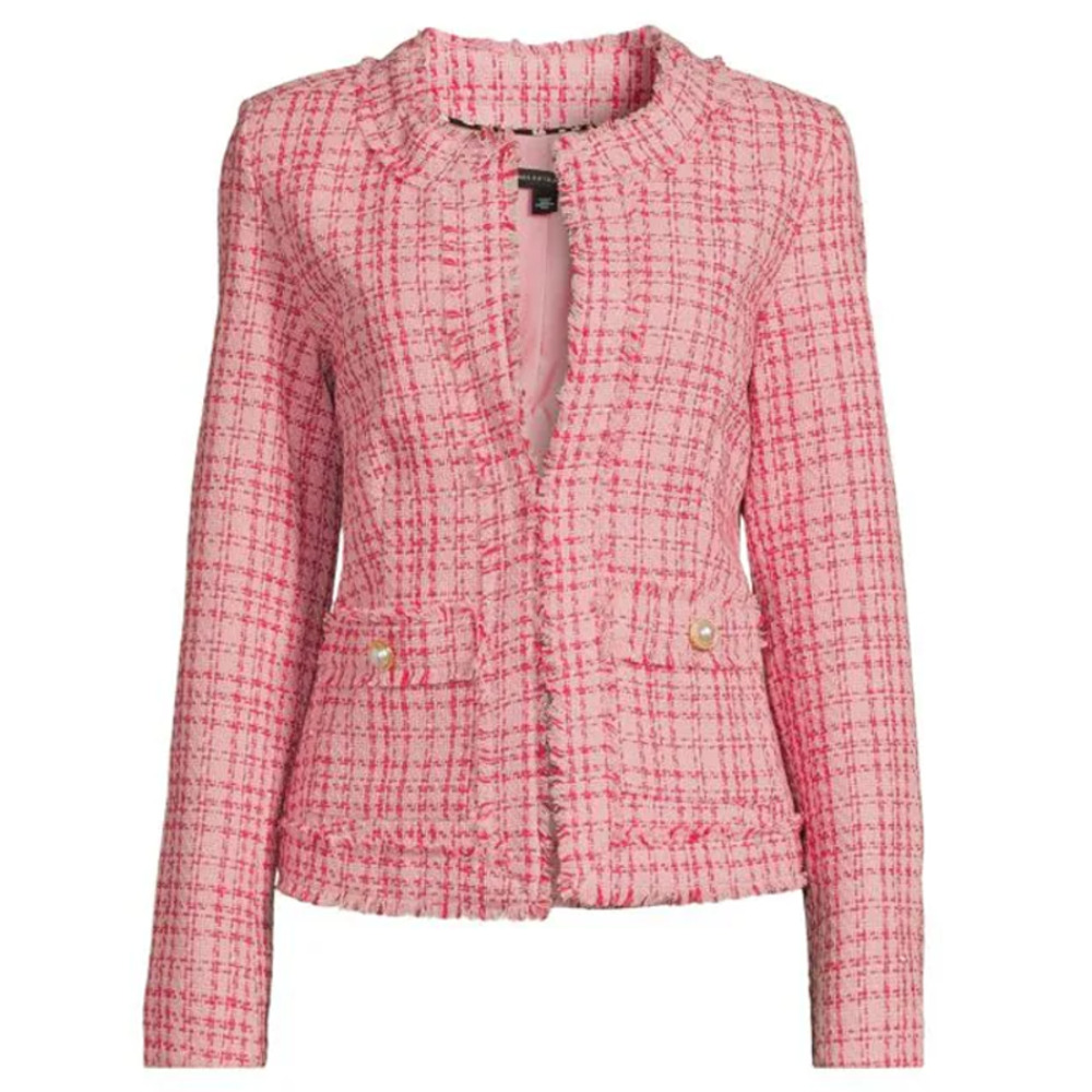 Saks Fifth Avenue Womens Open Front Checked Tweed Jacket Blazer Pink S NWOT
